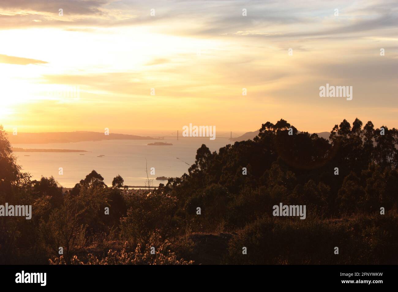 Aerial view of San Francisco Bay and Golden Gate Bridge at Golden Hour, San Francisco, California, USA Stock Photo