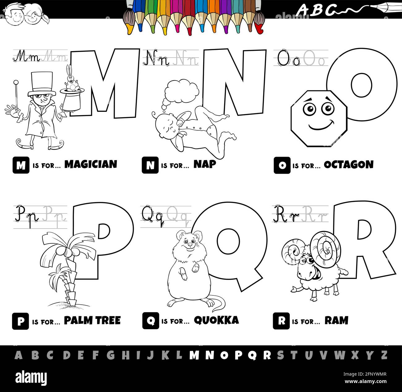Black and white cartoon illustration of capital letters from alphabet educational set for reading and writing practise for children from M to R colori Stock Vector