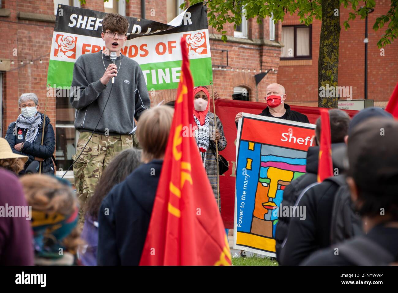 Sheffield, UK: 1st May 2021 : Young man speaking to a crowd of protestors at the International Day of Workers and Kill the Bill protest, Devonshire Gr Stock Photo