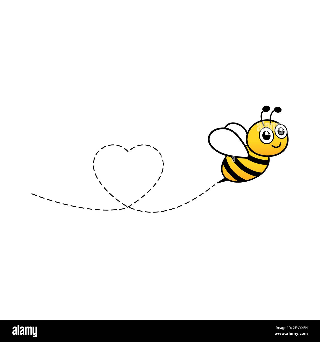 Cartoon bee icon. Heart dotted lines path. Happy lovely bee character. Vector illustration