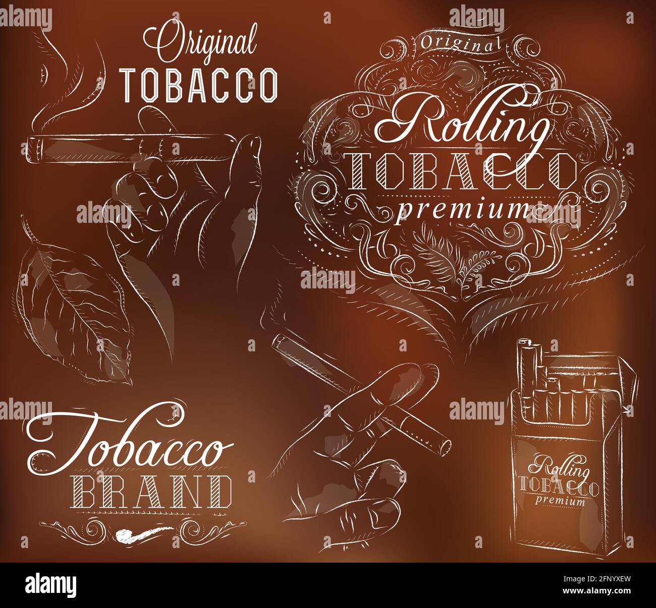 Set collection on tobacco and smoking a pack of cigarettes vintage tobacco leaves hands with a cigarette on a brown background Stock Vector