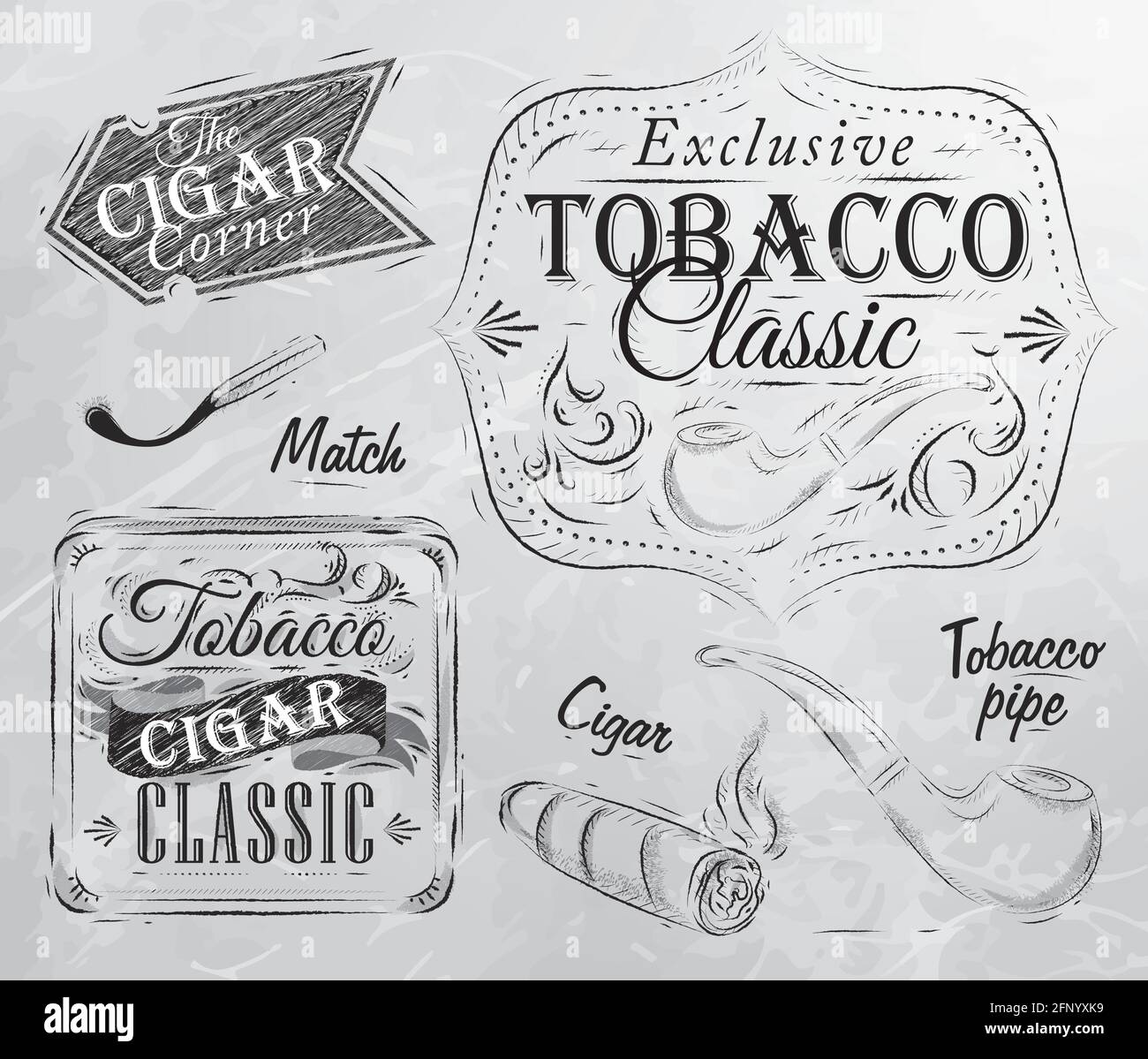 Set collection on tobacco and smoking a pack of cigarettes vintage tobacco cigar, pipe, all smoking stylized for the drawing in charcoal on board Stock Vector