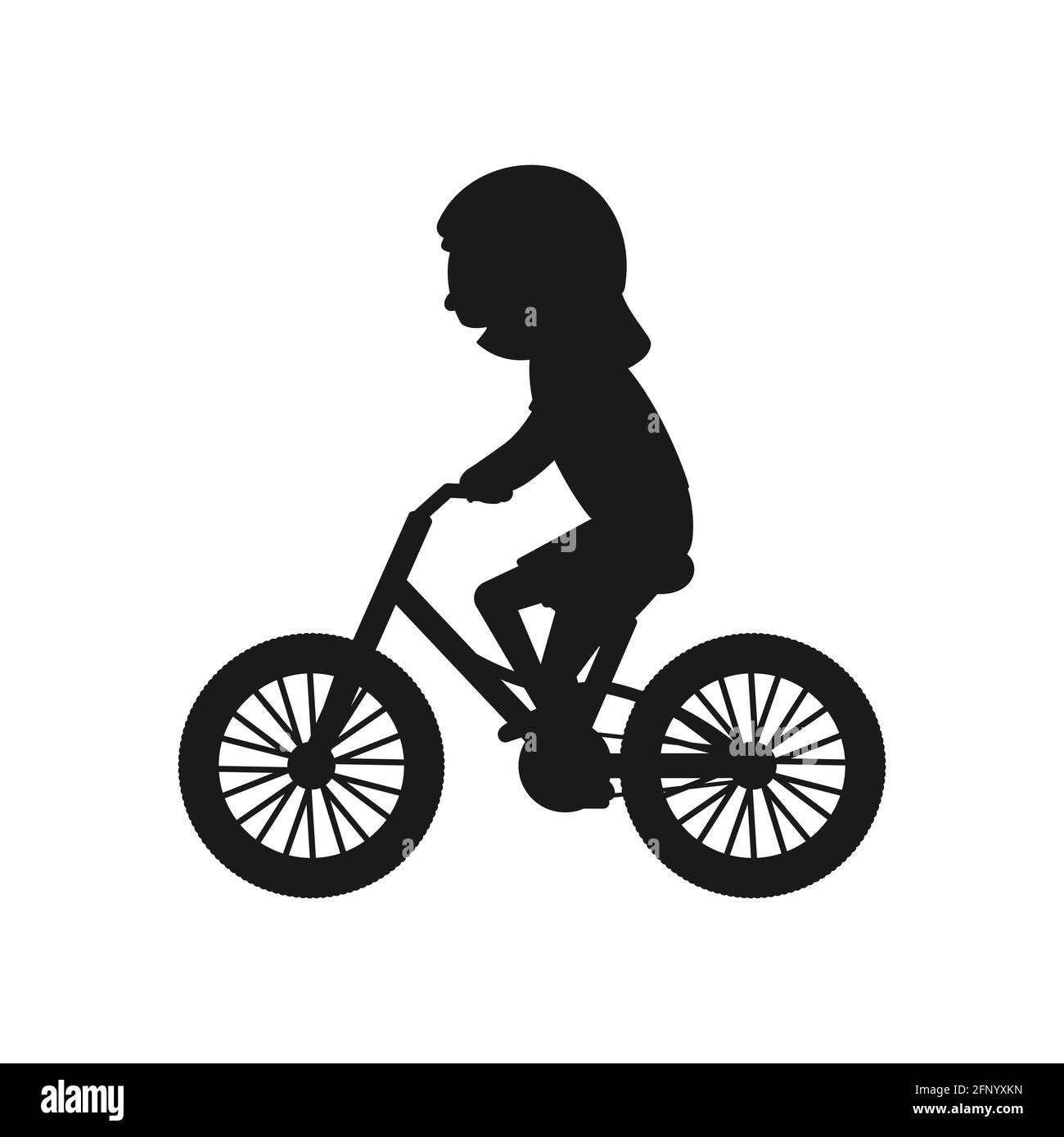 Cute girl riding bike silhouette. Healthy lifestyle in black color concept. Little child rides bicycle. Vector isolated on white Stock Vector