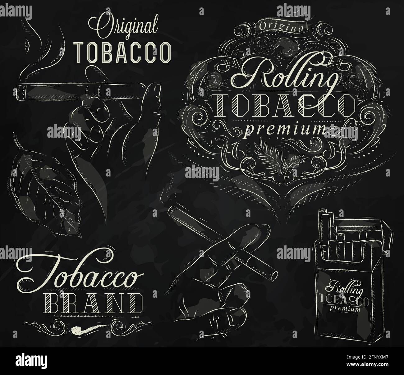 Collection on tobacco and smoking a pack of cigarettes vintage tobacco leaves hands with a cigarette stylized drawing with chalk on a blackboard Stock Vector