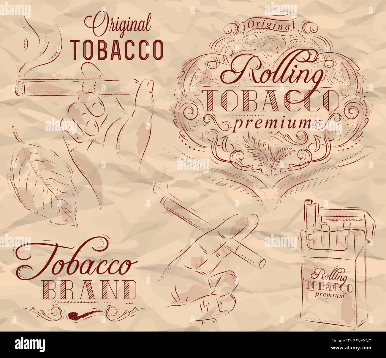 Collection on tobacco and smoking a pack of cigarettes vintage tobacco leaves hands with a cigarette on crumpled paper in brown Stock Vector