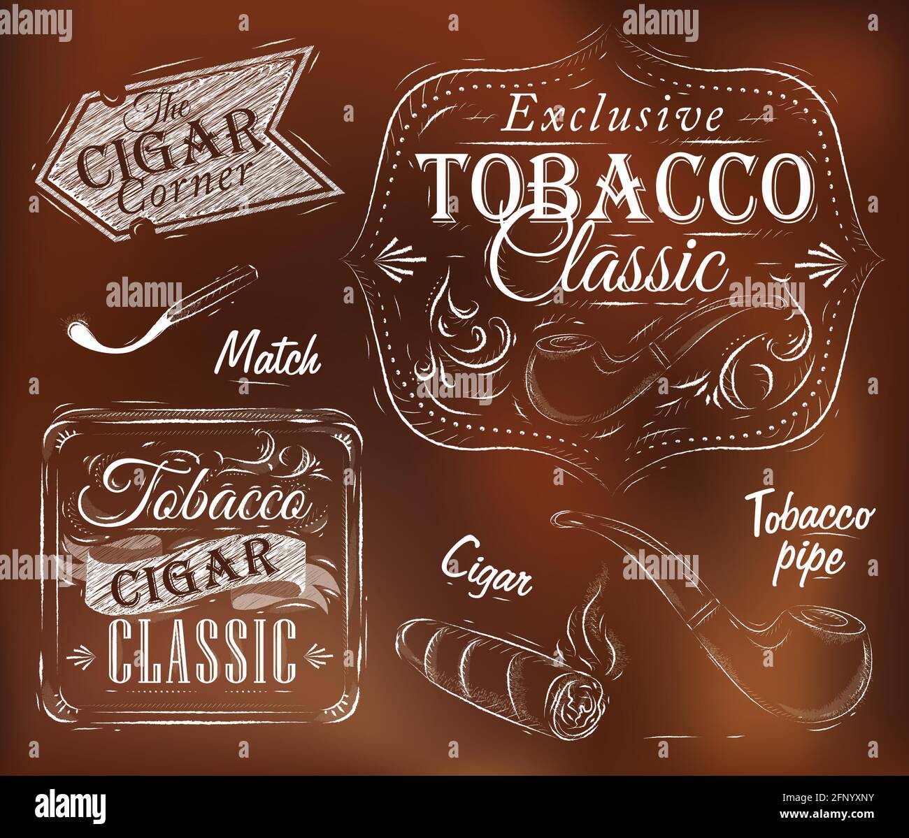 Set collection on tobacco and smoking a pack of cigarettes vintage tobacco cigar, pipe, all smoking on a brown background Stock Vector