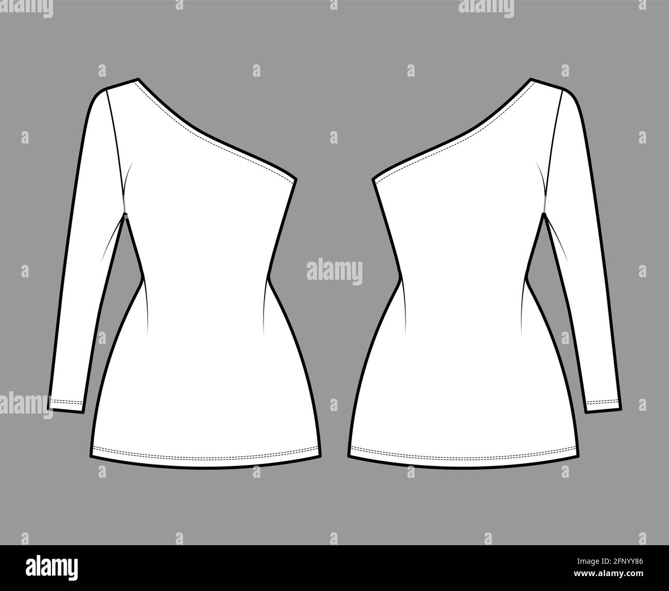 Dress one shoulder technical fashion illustration with long sleeve, fitted  body, mini length pencil skirt. Flat apparel front, back, white color  style. Women, men unisex CAD mockup Stock Vector Image & Art -
