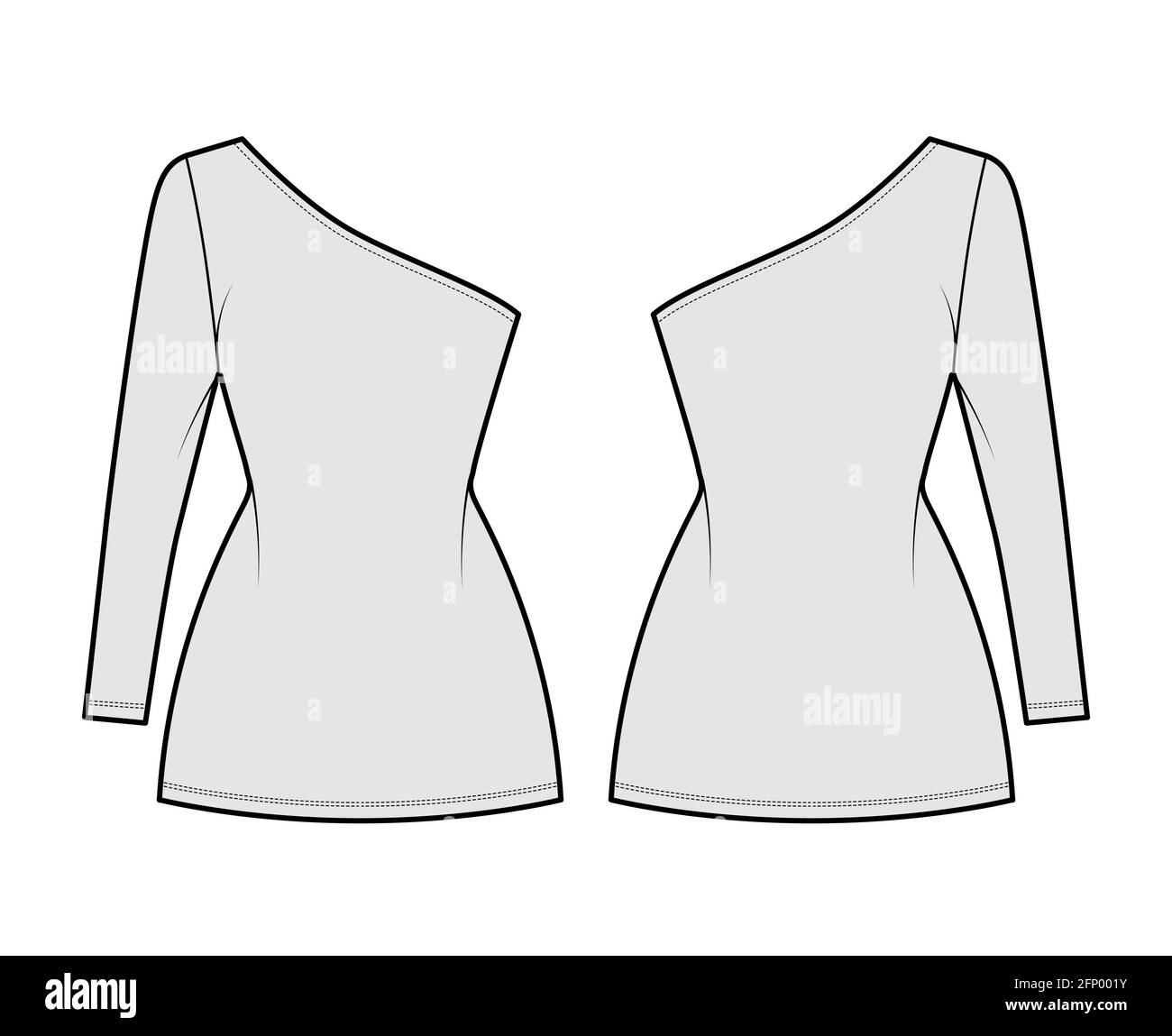 Dress one shoulder technical fashion illustration with long sleeve, fitted body, mini length pencil skirt. Flat apparel front, back, grey color style. Women, men unisex CAD mockup Stock Vector