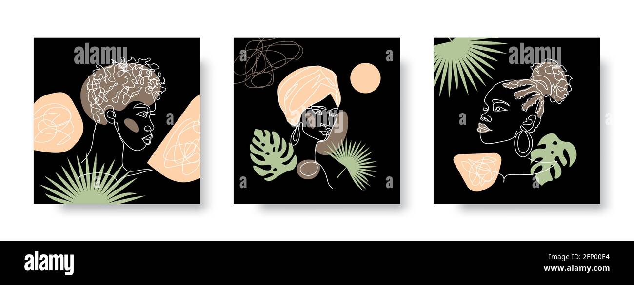 Black people social media templates for stories. Afro women, african girls with tropical palm tree leaves on black background. Vector set for wall art Stock Vector