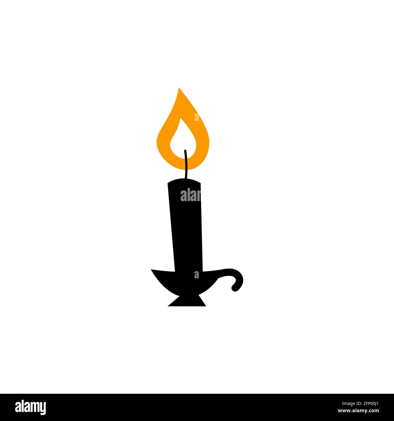 Old fashioned lighted candle, candlestick on flat holder icon for apps ...