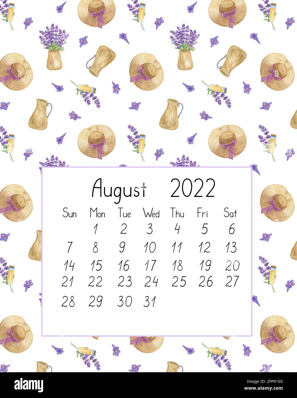 calendar page the year 2022 for august watercolor floral seamless illustration printable page hand drawn pattern of french provence lavender flowers stock photo alamy