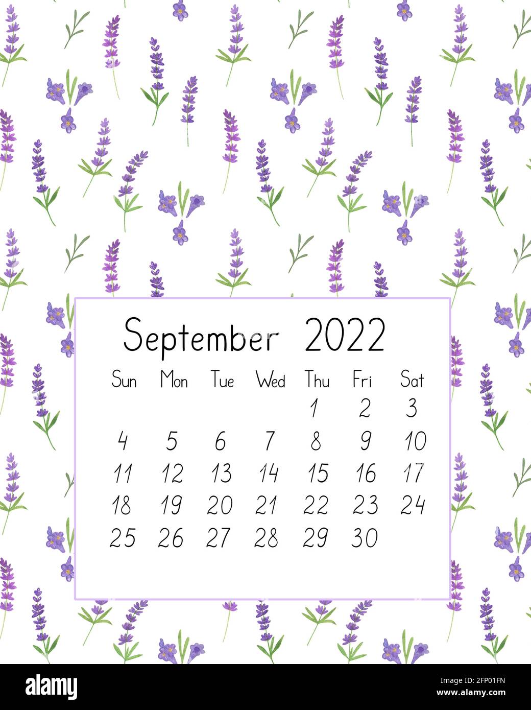 calendar page the year 2022 for september watercolor floral seamless illustration printable page hand drawn pattern of french provence lavender flow stock photo alamy