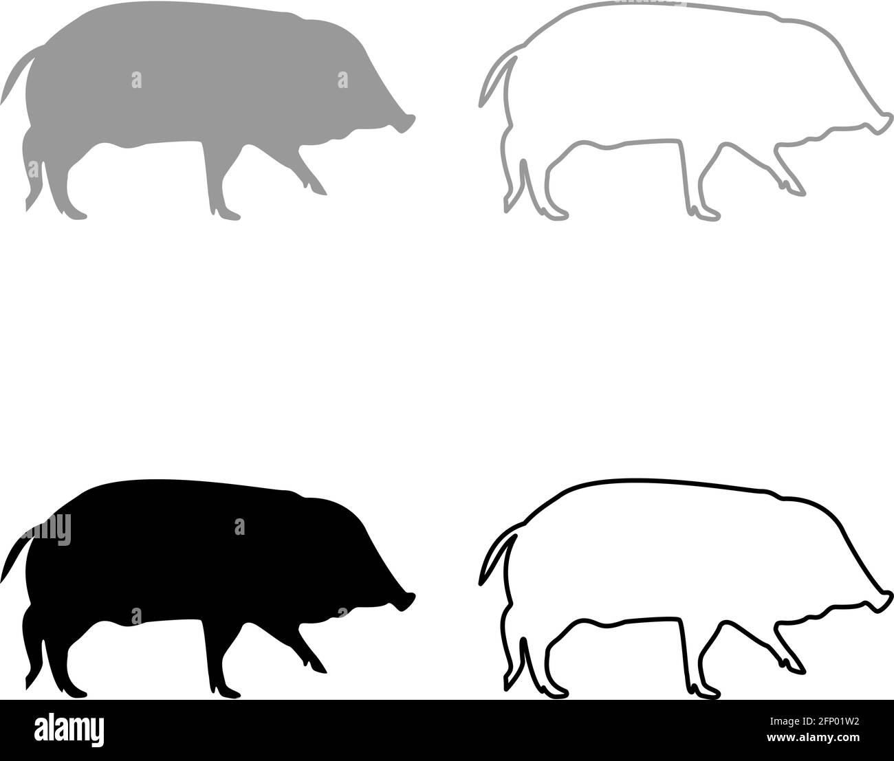 Wild boar Hog wart Swine Suidae Sus Tusker Scrofa silhouette grey black color vector illustration solid outline style simple image Stock Vector