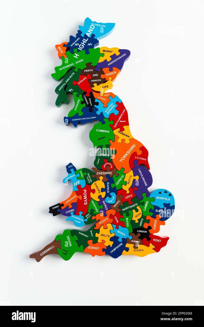 A colourful wooden puzzle of the Counties of Great Britain Stock Photo