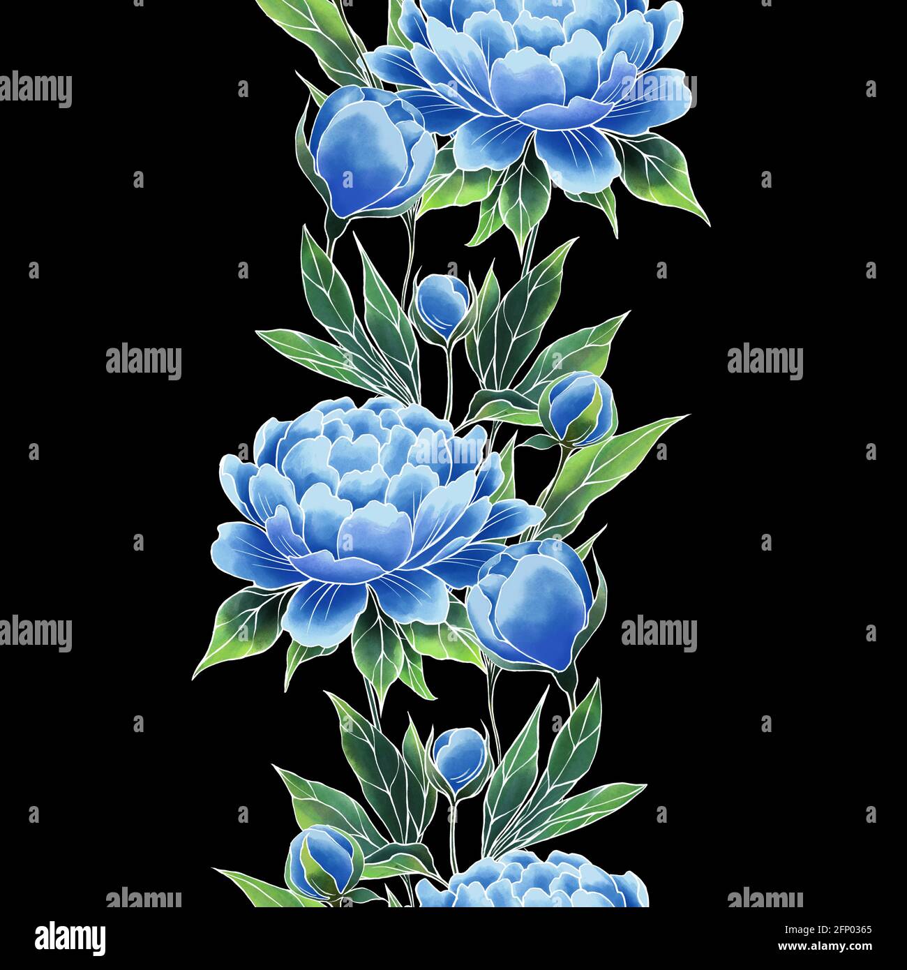 Peonies seamless floral pattern on black. Decorative border of blue ...