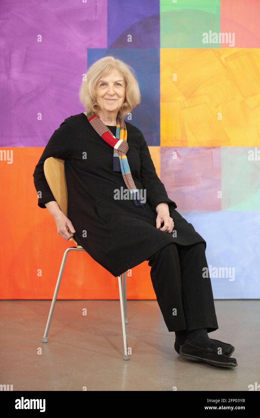 Deptford, London, 17 April 2021: The artist Mali Morris, painter and print-maker, with one of her paintings as the backdrop. She is a Member of the Royal Academy and one of the selecting judges for the 2021 RA Summer Exhibition. Anna Watson/Alamy Stock Photo
