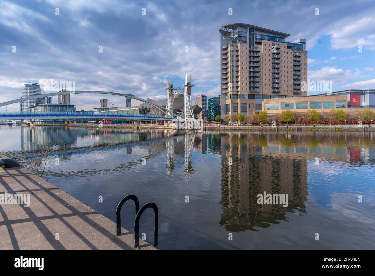 View of modern apartments reflection in water in Salford Quays, Manchester, England, United Kingdom, Europe Stock Photo