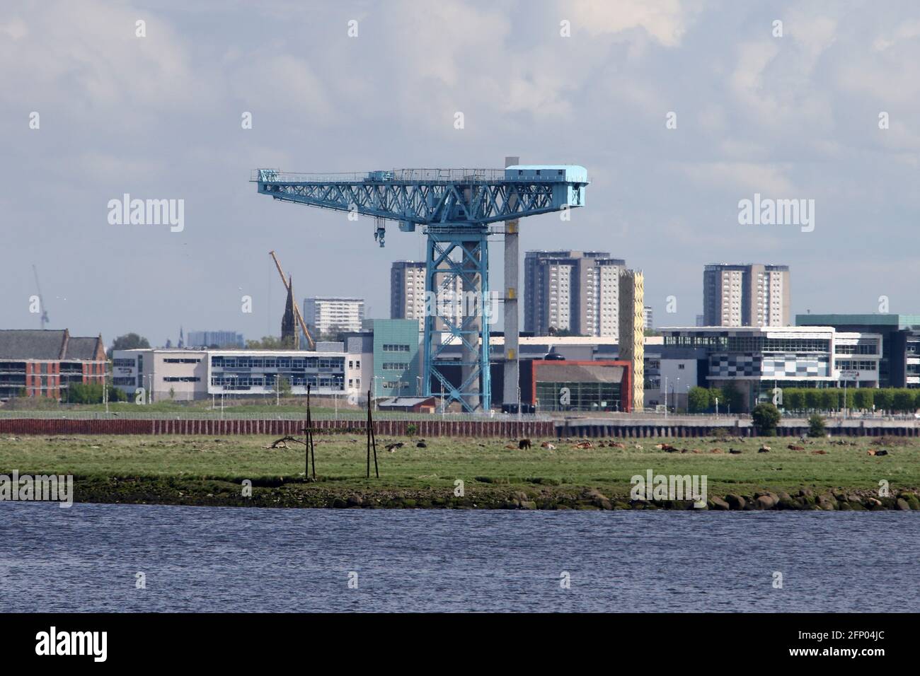 Titan Clydebank, commonly known as the Titan Crane is a 150-foot-high cantilever crane at Clydebank, West Dunbartonshire, Scotland seen from Erskine Stock Photo