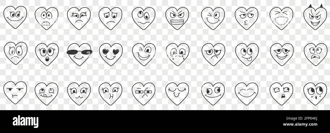 Heart facial expressions doodle set. Collection of hand drawn various happy and sad expressions on hearts face in rows isolated on transparent background  Stock Vector