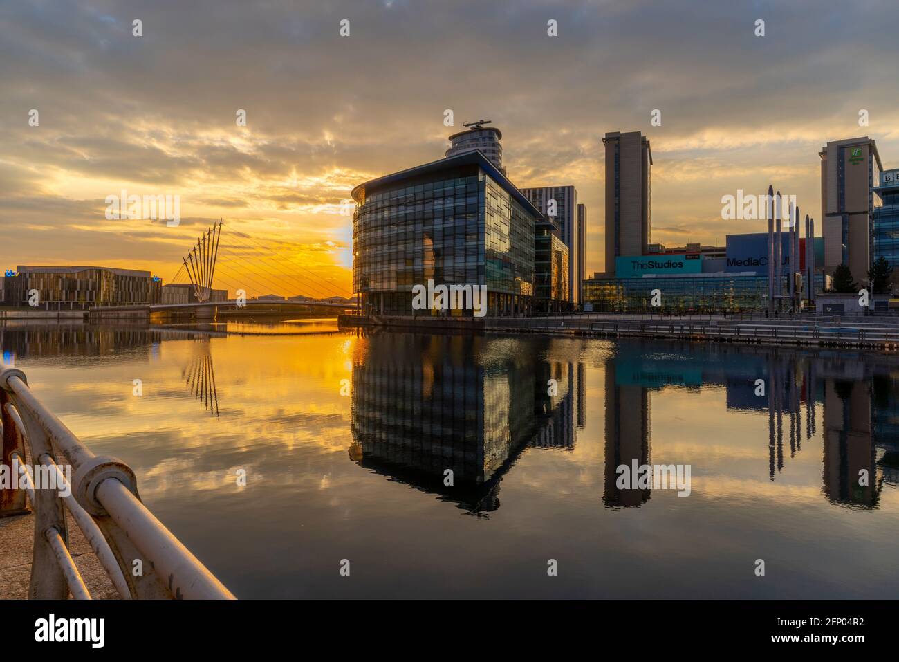 View of MediaCity UK at sunset, Salford Quays, Manchester, England, United Kingdom, Europe Stock Photo