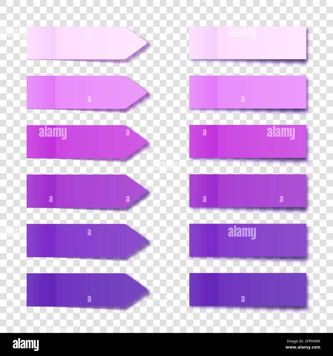 Realistic purple sticky notes collection. Arrow flag tabs. Post note stickers. Colorful sticky paper sheets. Vector illustration. Stock Vector