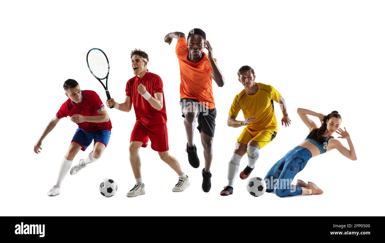 Collage of different professional sportsmen, fit people in action and motion isolated on white background. Flyer. Stock Photo