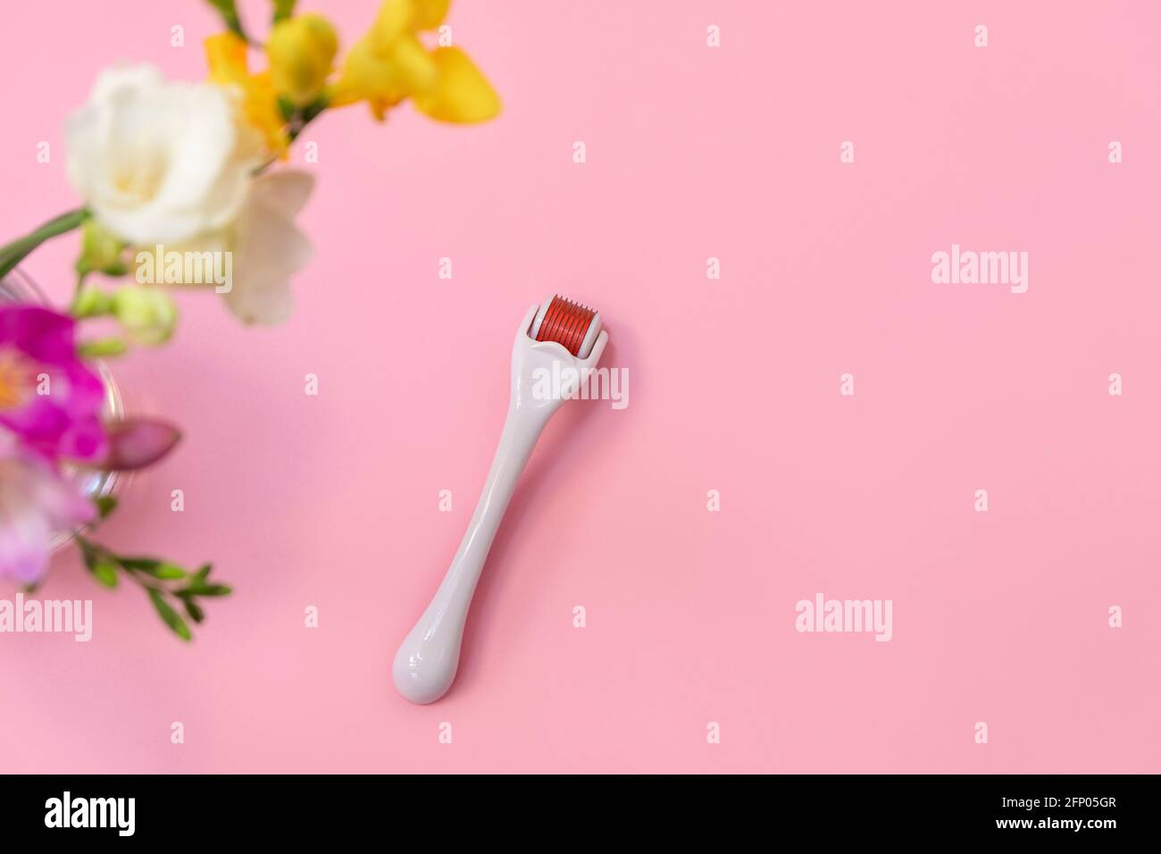Gentle composition with white micro-needle dermaroller and flowers on soft pink background, above view with space for text Stock Photo