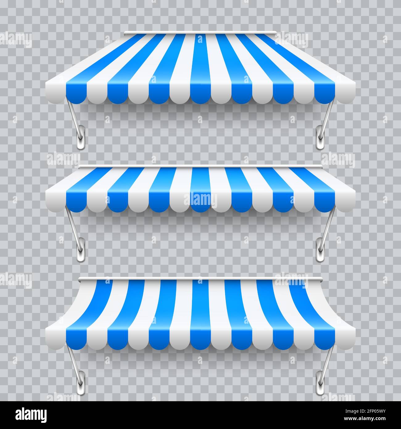 Shop sunshade with metal mount. Realistic blue striped cafe awning ...