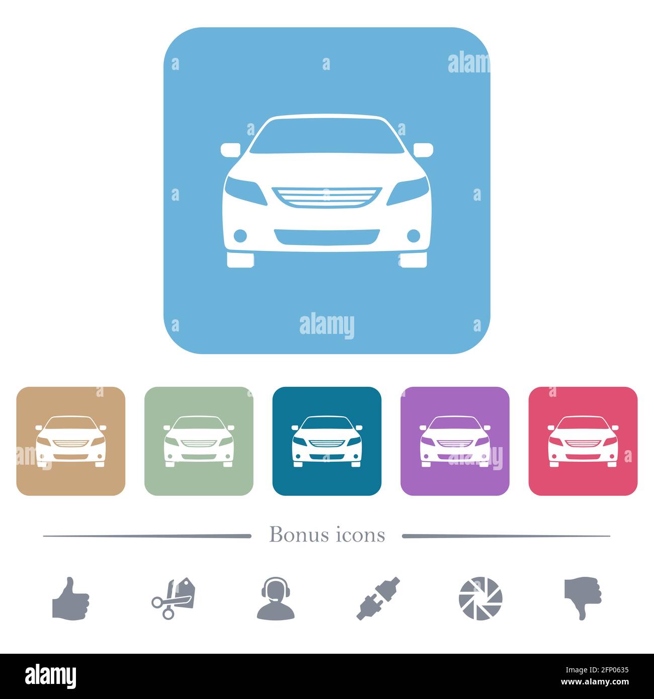 Sport car front view white flat icons on color rounded square ...