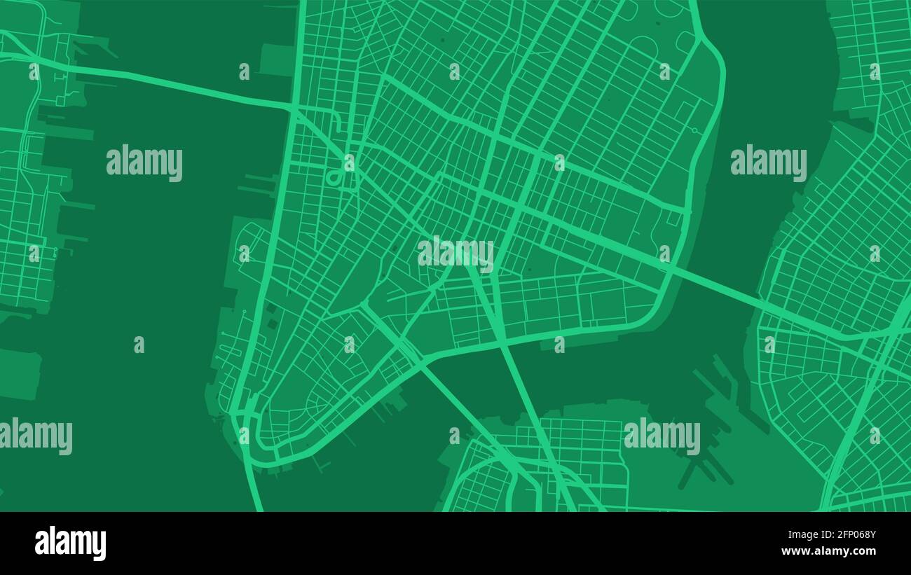 Green New York city area vector background map, streets and water cartography illustration. Widescreen proportion, digital flat design streetmap. Stock Vector