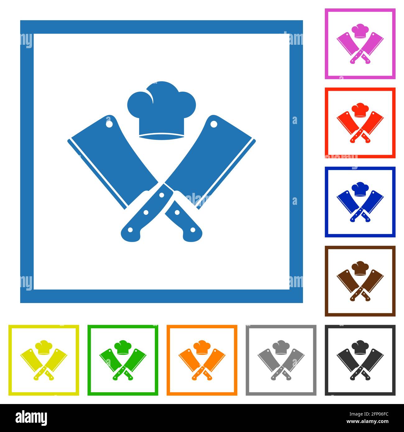 Two crossed meat cleavers and chef hat flat color icons in square ...