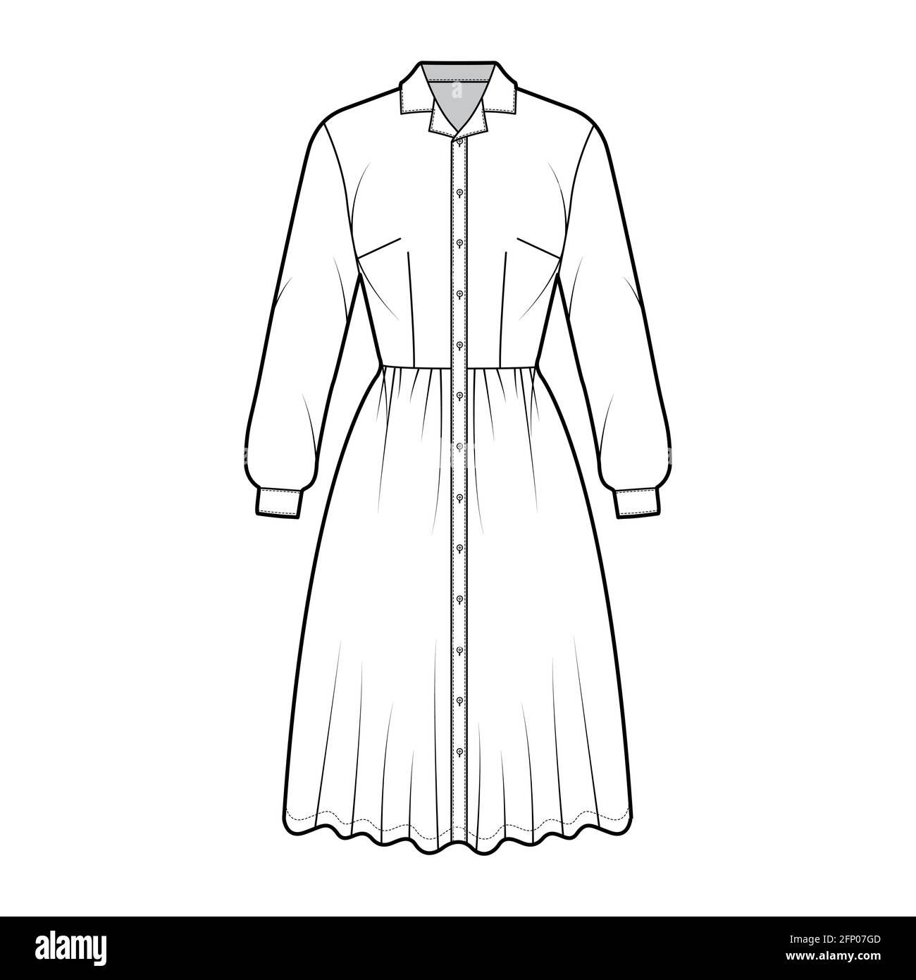 Dress shirt technical fashion illustration with long sleeves, camp collar, fitted body, knee length full skirt, button closure. Flat apparel front, white color style. Women, men unisex CAD mockup Stock Vector