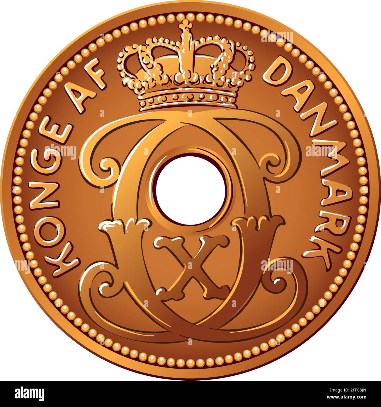 Danish money tin-bronze 5 ore coin. Krone, official currency of Denmark, Greenland, and the Faroe Islands. Stock Vector