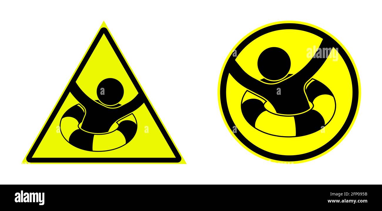 Emergency, set of yellow warning signs with lifebuoy. Help service for drowning, first aid on water. Isolated vector Stock Vector