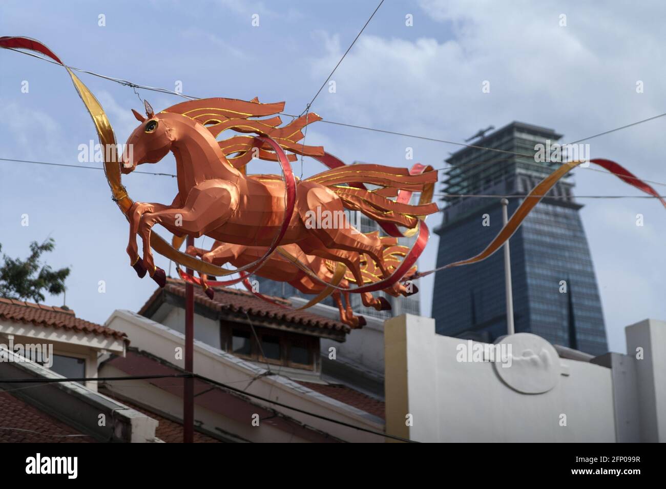 Singapore, Singapur, Asia, Asien; Chinese Quarter - Red horse - street decoration to celebrate the Chinese year of the horse; Chinesisches Viertel Stock Photo