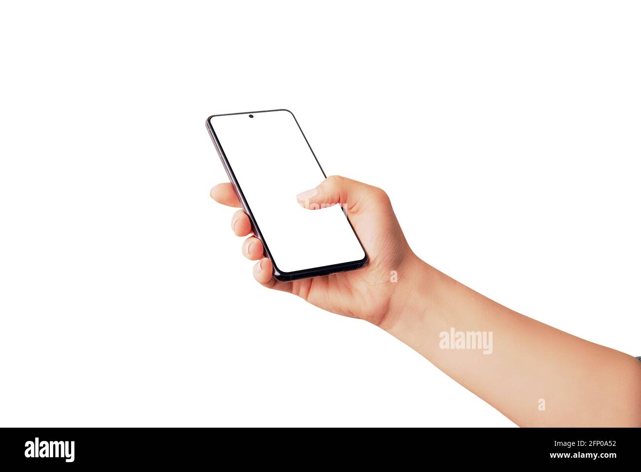 Phone in woman hand with thumb on isolated screen. Concept of using a mobile app for design presentation Stock Photo