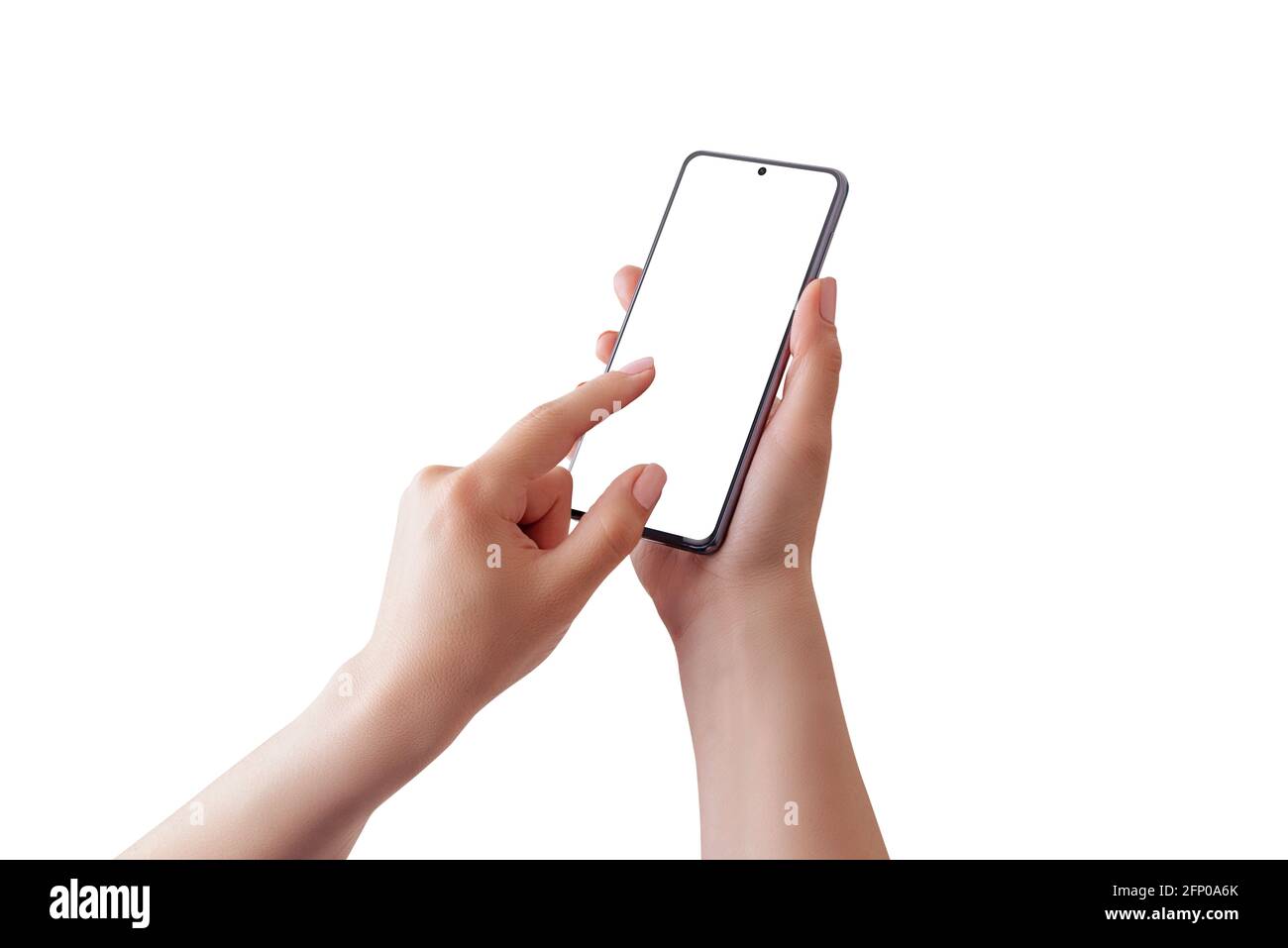 Phone in woman hands isolated. Finger touch display. App use concept. Phone mockup close-up Stock Photo