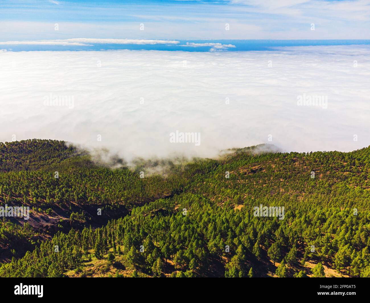 Mountain trail above the clouds on La Palma island. Aerial view. Stock Photo