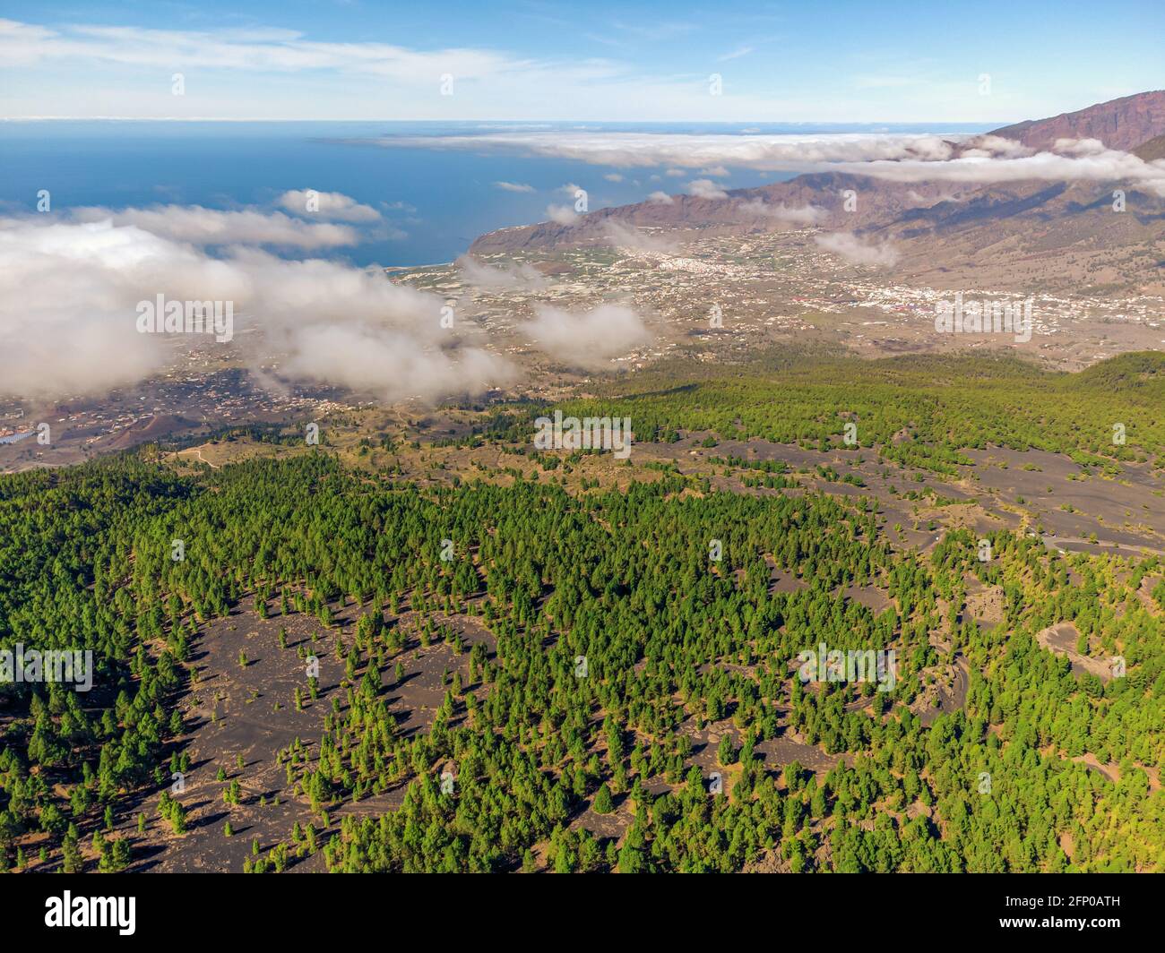 Mountain trail above the clouds on La Palma island. Aerial view. Stock Photo