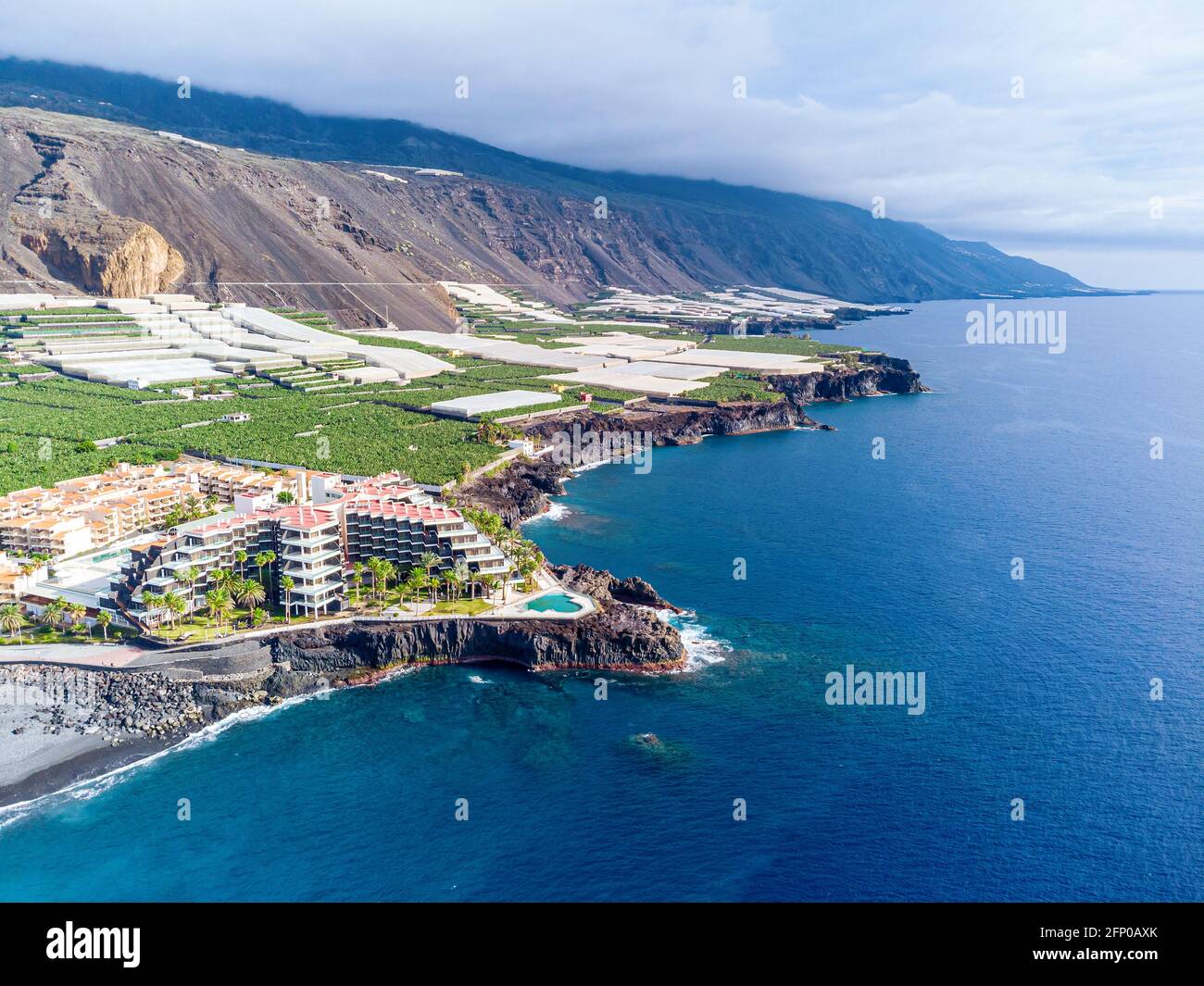Drone view on volcanic beach in Puerto Naos, La Palma. Stock Photo
