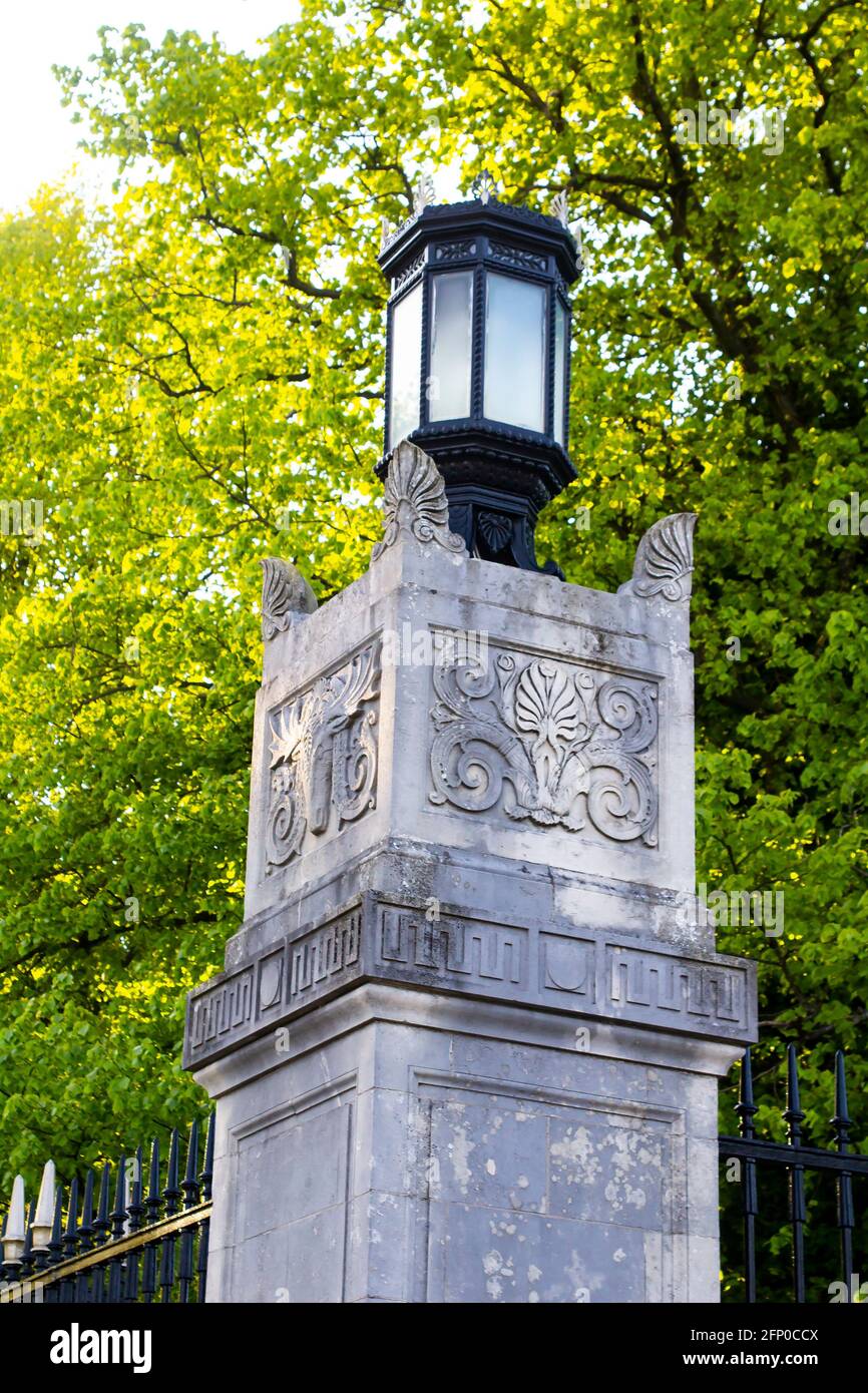 17 May 2021 One of the six ornate Portland Stone pillars at the entrance to the Stormont Parliament Buildings on the Stormont Estate in East Belfast N Stock Photo