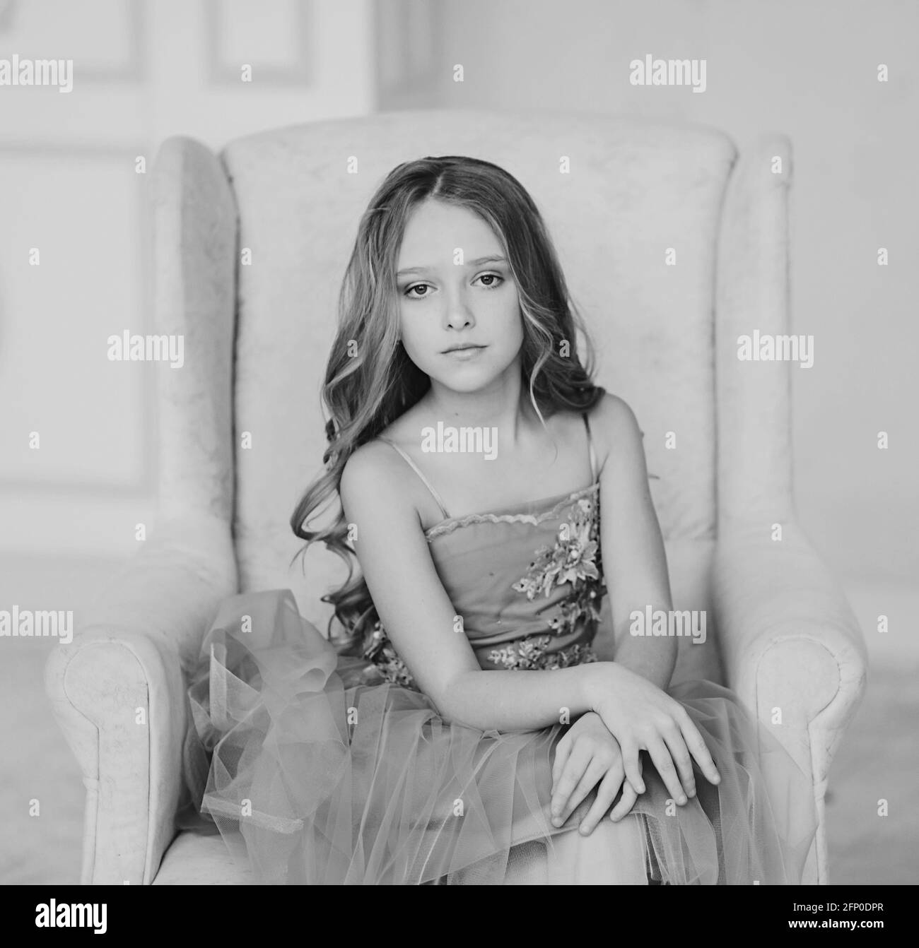 Monochrome portrait of a charming brunette little girl Stock Photo
