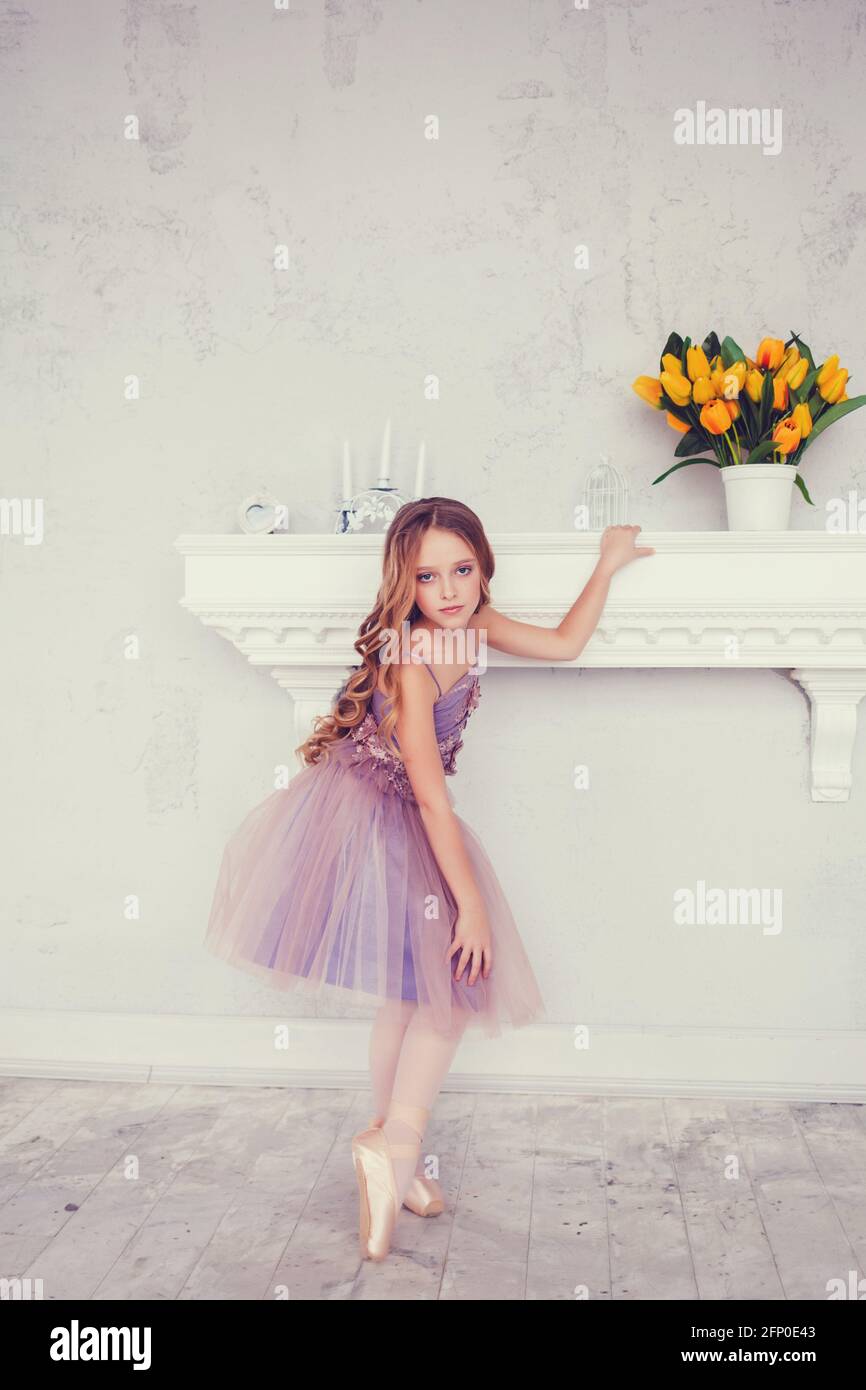 Adorable photo of little ballerina in a lilac dress and white