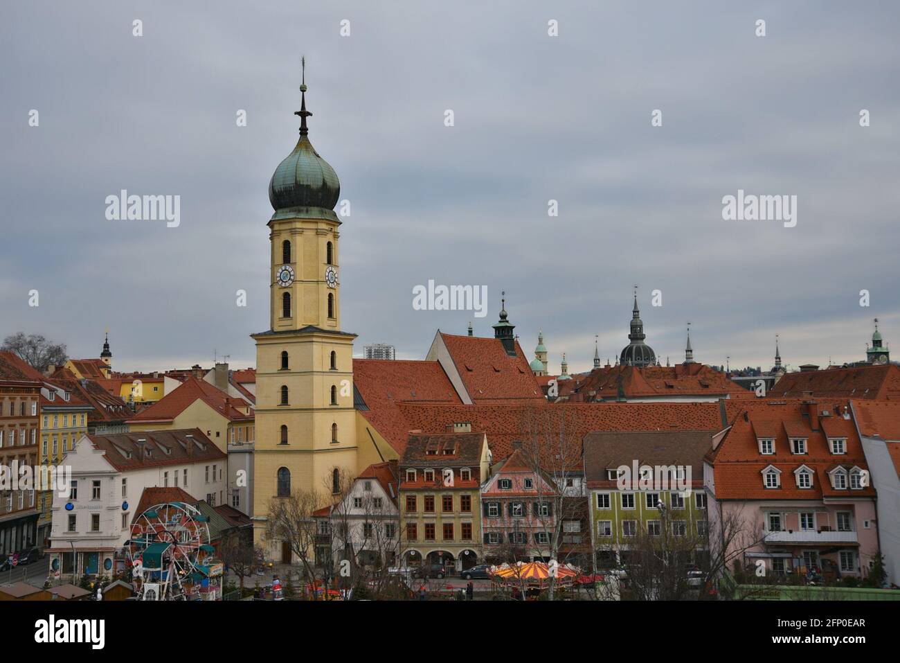 Panoramic view of Baroque style buildings and Franziskanerkirche, a ...