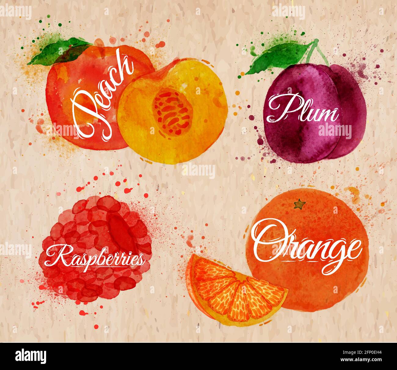 Fruit set drawn watercolor blots and stains with a spray peach, raspberry, plum, orange in kraft Stock Vector