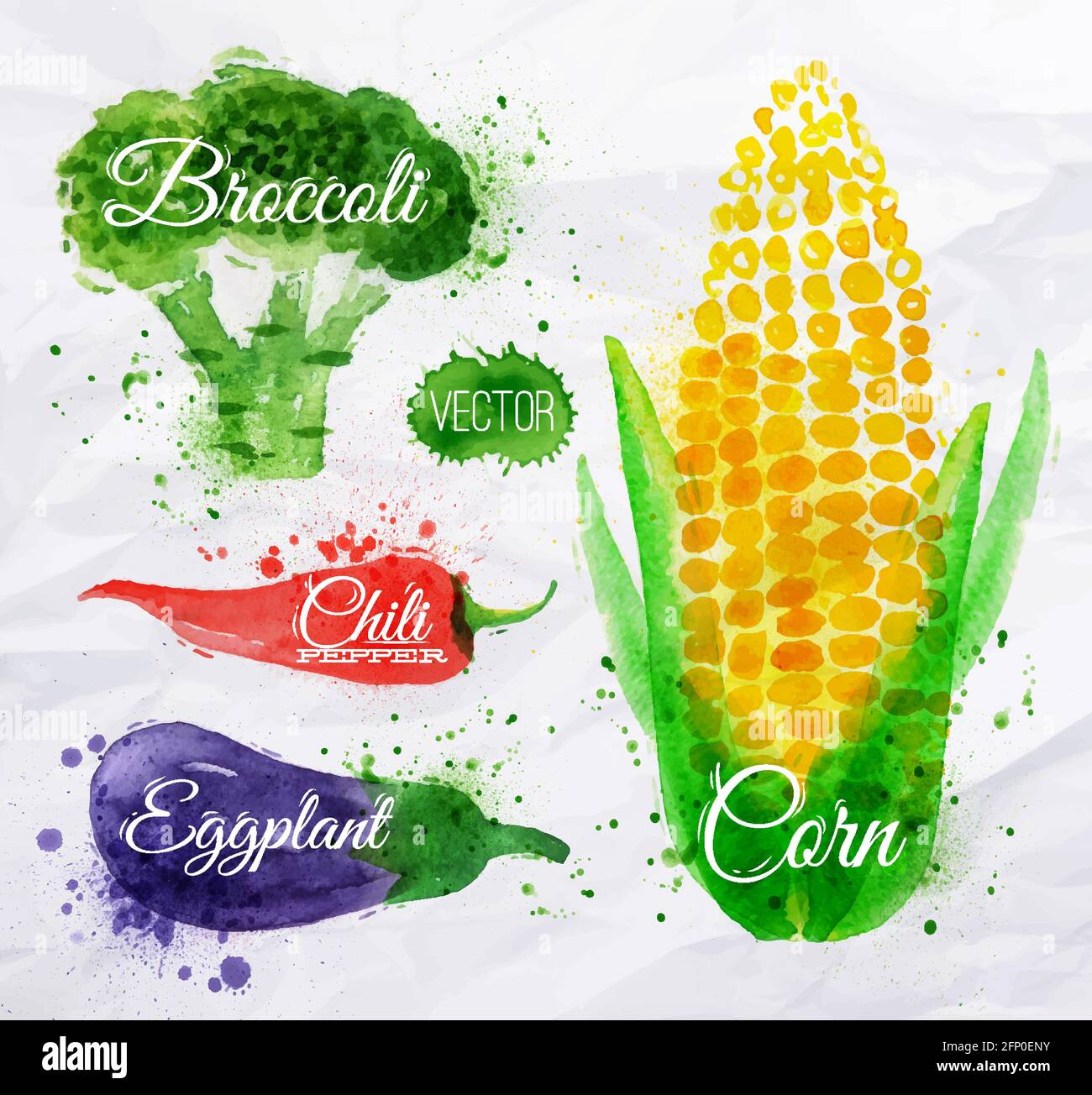Vegetables set drawn watercolor blots and stains with a spray corn, broccoli, chili, eggplant Stock Vector