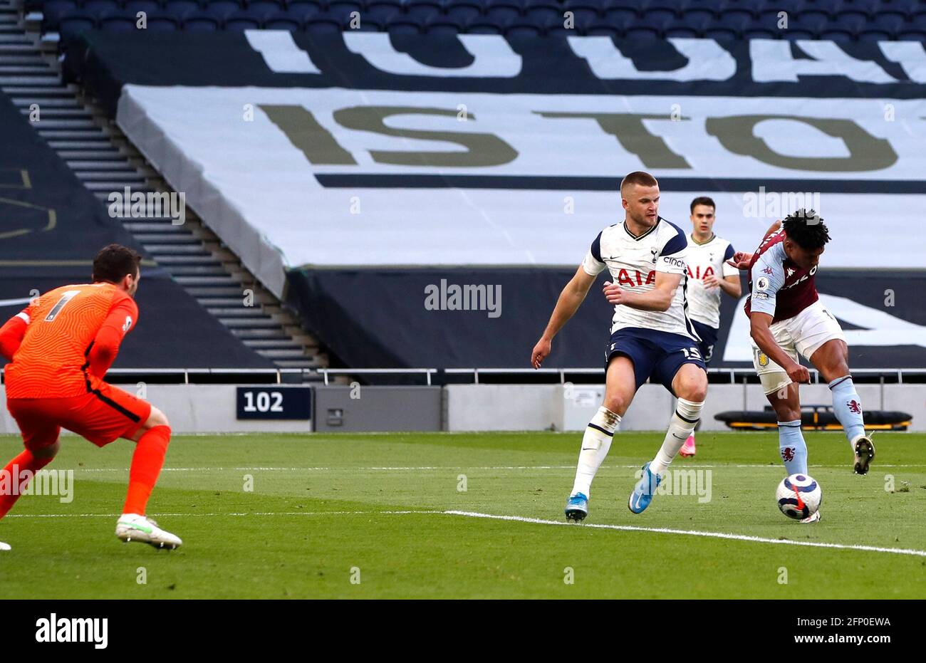 Aston Villa's Ollie Watkins scores their side's second goal of the game during the Premier League match at the Tottenham Hotspur Stadium, London. Picture date: Wednesday May 19, 2021. Stock Photo