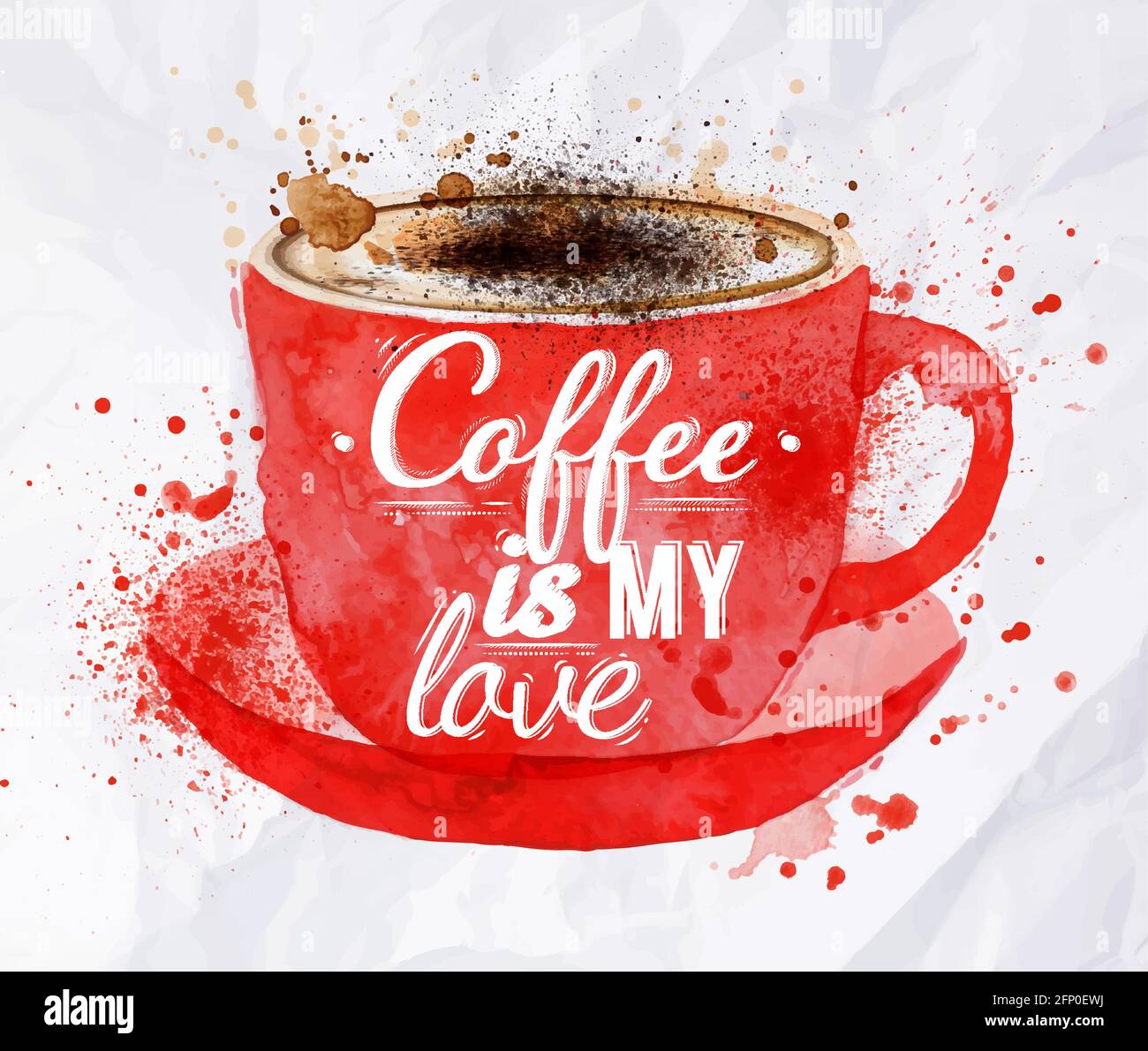 Watercolor red cup of cappuccino with foam with splashes and drops 