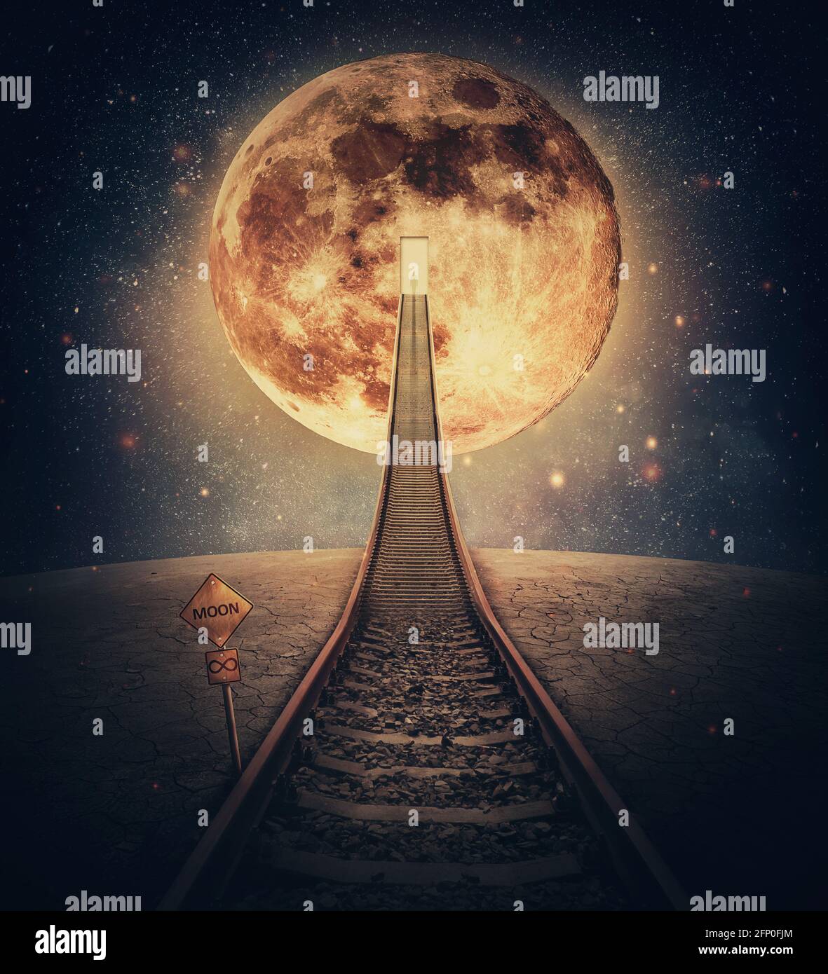 Surreal scene and a railway leading up to the moon. Imaginary night travel on a railroad transforming into a stairway going upwards to a door or porta Stock Photo