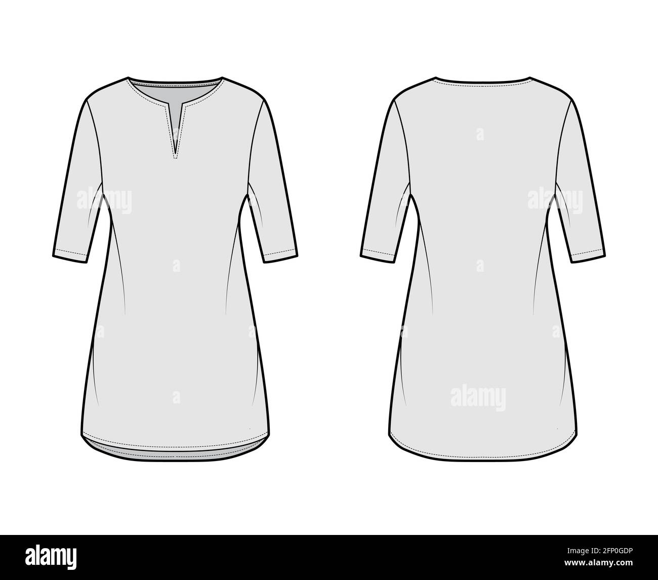 Dress tunic technical fashion illustration with elbow sleeves, oversized body, mini length skirt, slashed neck. Flat apparel front, back, grey color style. Women, men unisex CAD mockup Stock Vector